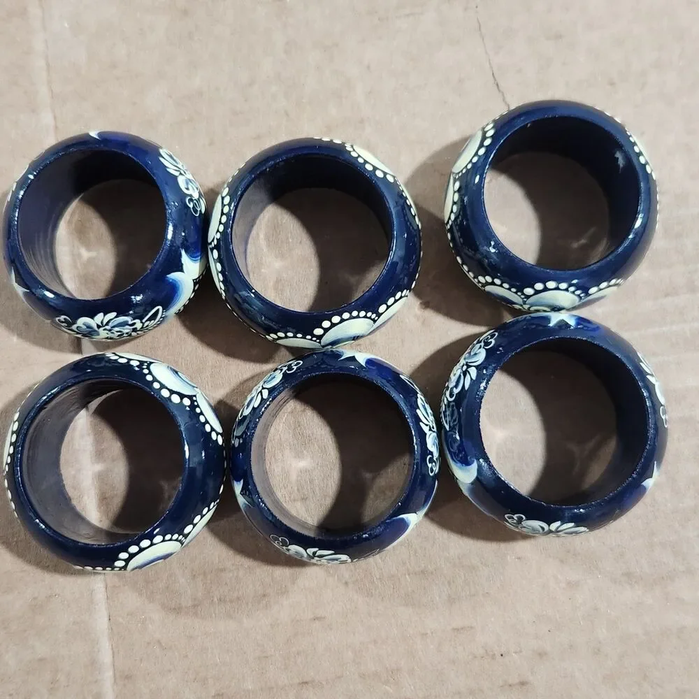 Vintage Russian Hand Painted Wooden Napkin Rings Gzhel Blue White Floral Set 6 - Picture 4 of 5